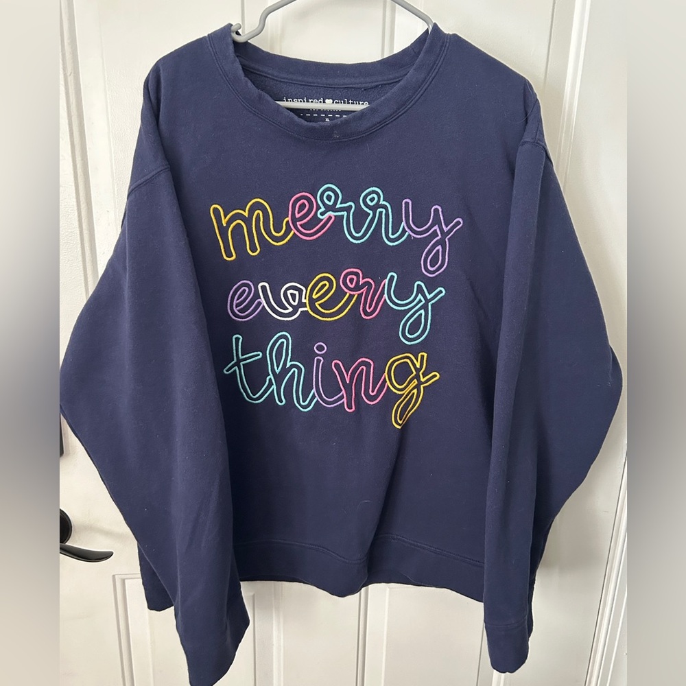 J. Crew Navy Sweater with Colorful Lettering